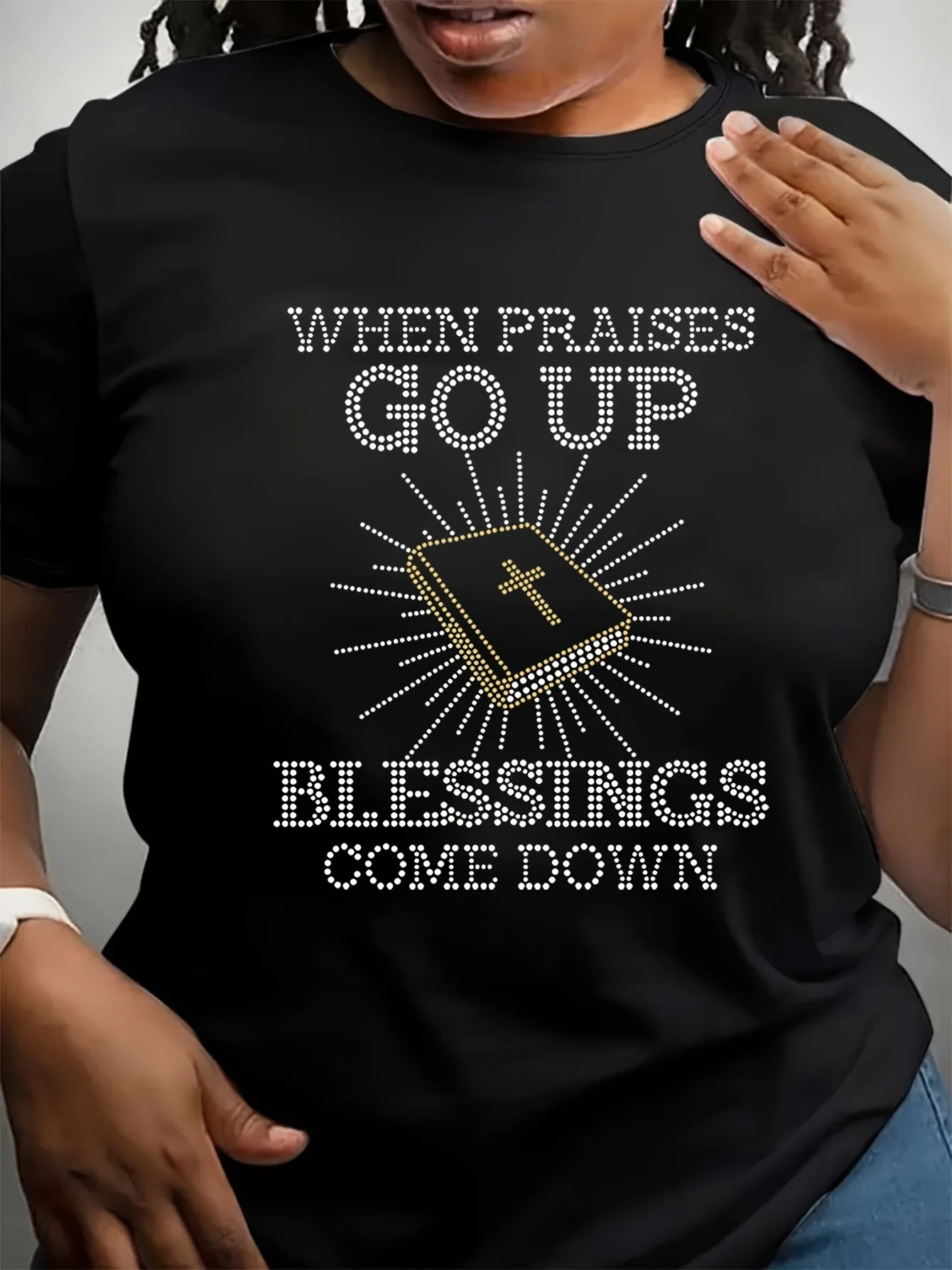 T-shirt à col rond imprimé lettres de bénédiction, haut décontracté à manches courtes pour le printemps et l'été, vêtements pour femmes