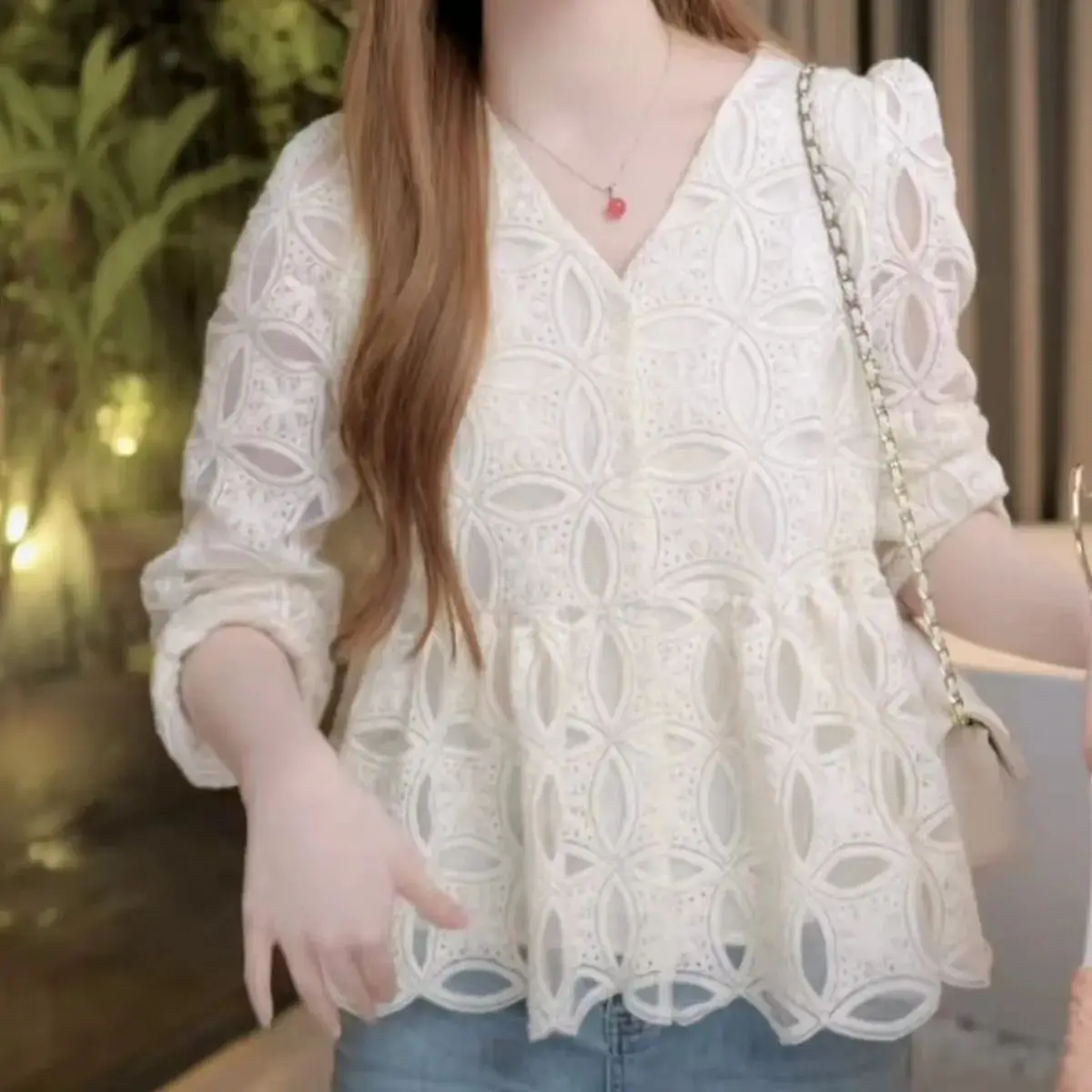 Femmes dentelle broderie irt Long Sve minceur ventre couvrant Faionable à la mode Anti-âge automne nouveau Sle décontracté ample...