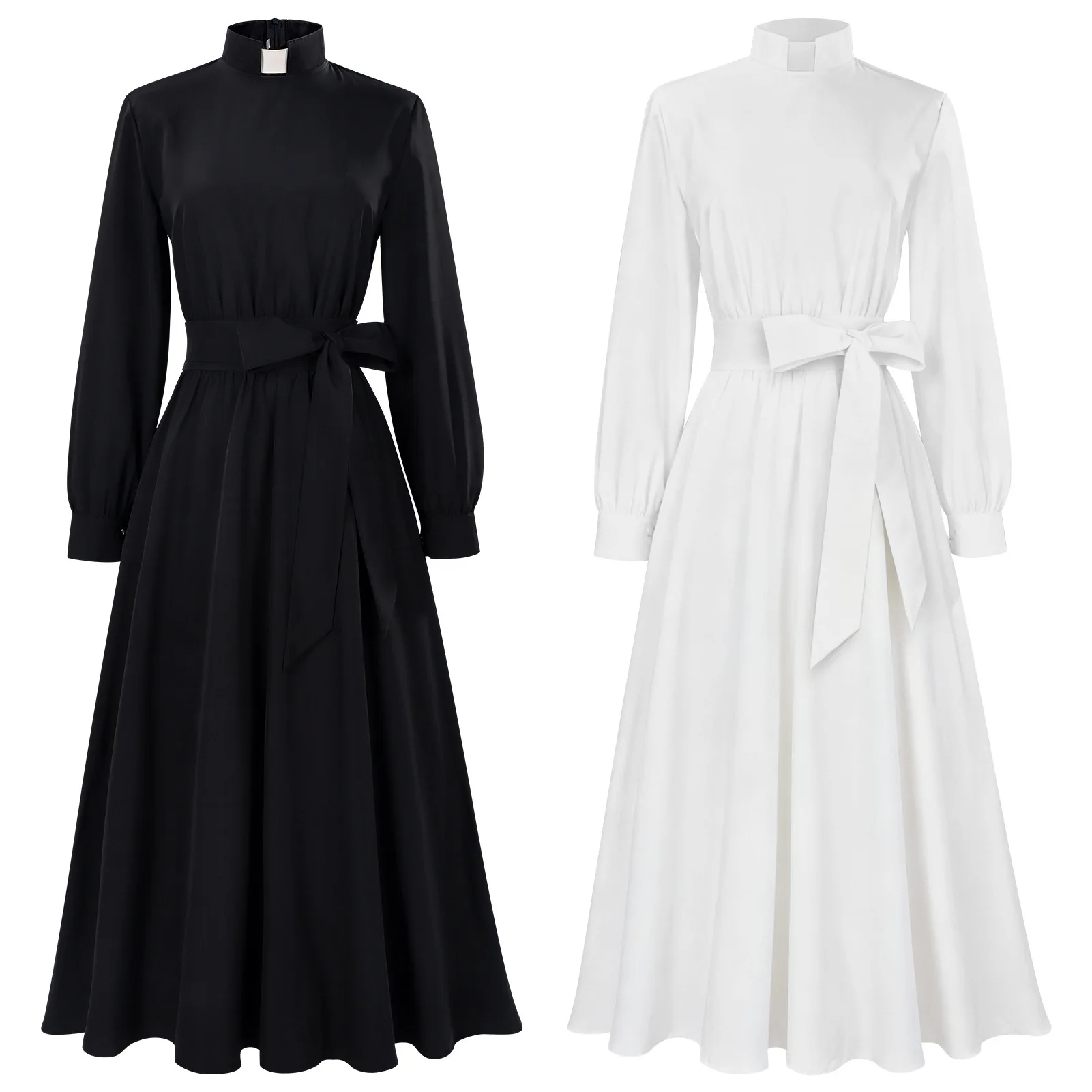 Priest Virgin Mary Nun's Stage Performance Cosplay Black White Dress with Necklace Halloween Party Costume