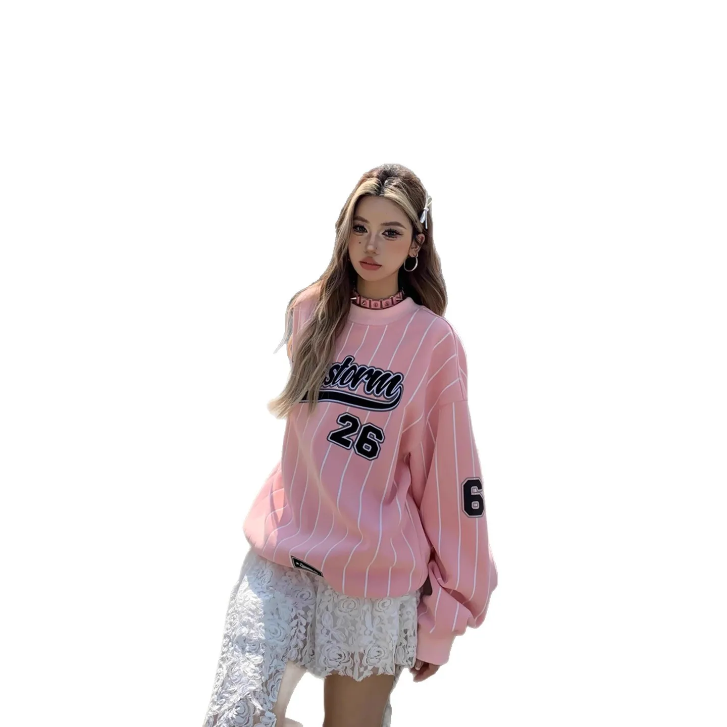 فضفاض النمط الأمريكي الرياضي الوردي إلكتروني التطريز المشارب جولة الرقبة المرأة طبقة الهواء النسيج البلوز عارضة الترفيه بولي... #5