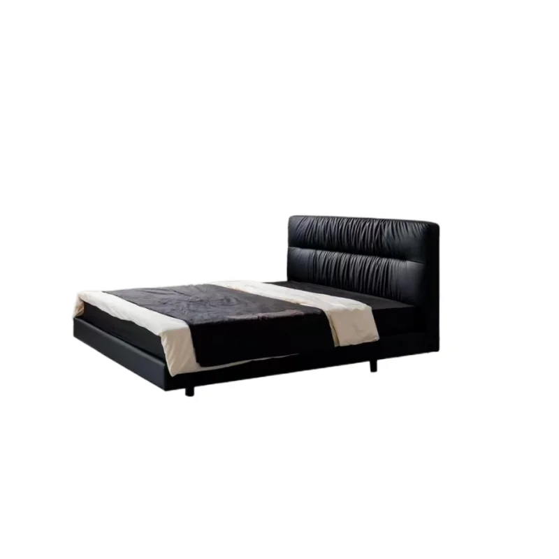 

Retro and elegant black suspension bed, designer simple small apartment bedroom soft bag, fold, soft bag double leather art bed