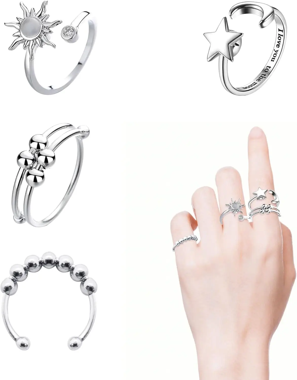 

4 регулируемых кольца-антистресс для женщин, вращающиеся бусины в виде солнца, луны и звезд из нержавеющей стали (серебро)