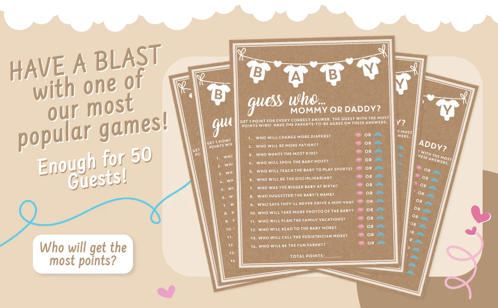 Party Hearty Babyparty-Spiele für Mädchen oder Jungen, 10-teiliges „Mommy or Daddy Guess Who“-Spiel, lustige Aktivitätskarten, geschlechtsneutral, Ideen – Detail 3