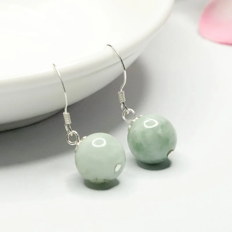 Fashion Chinese Style 925 Sterling Silver Jadeite Ball Bead Hook Earrings for Women Jewelry Party Cheongsam Hanfu Wedding Gift