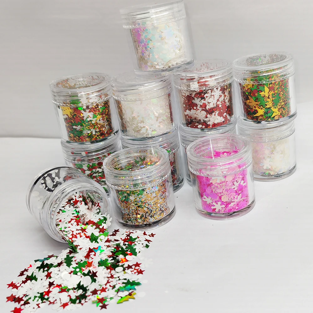 12 Colors Holographic Snowflake Star Chunky Glitter Sequin Mix For Nail Art Face Tumbler Resin Christmas Tree Craft Decoration