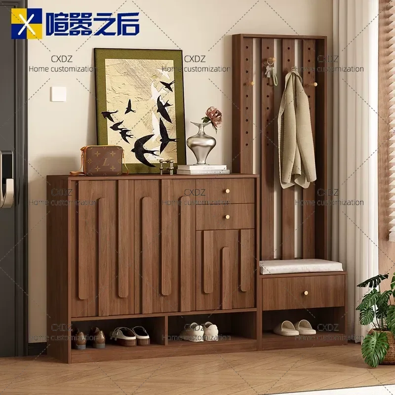 Solid Wood Entry Shoe Cabinet with Seating Bench Integrated Hanging Wardrobe for Hallway Elevator Entrance Home Storage