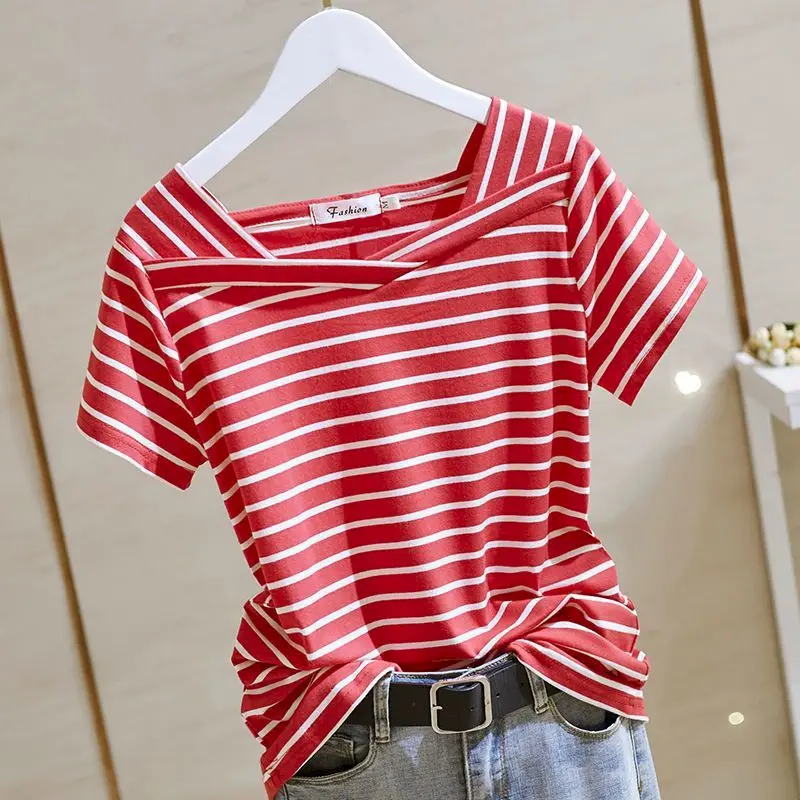 100% Cotton T Shirts Women Fashion Striped V-Neck T-Shirt Casual Short Sleeve Tops 2024 Summer Trend Thin Oversized Tshirt Y2k