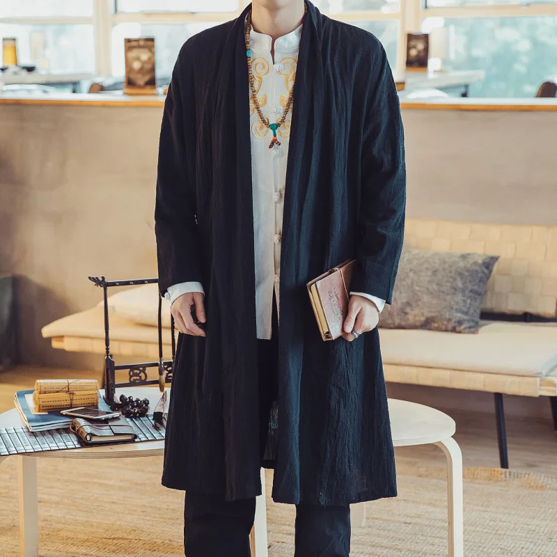 Men Loose Vintage Cotton Linen Trench Coat Plus size casual long Cardigan Kimono jacket Male Chinese Style Black Windbreaker 5XL