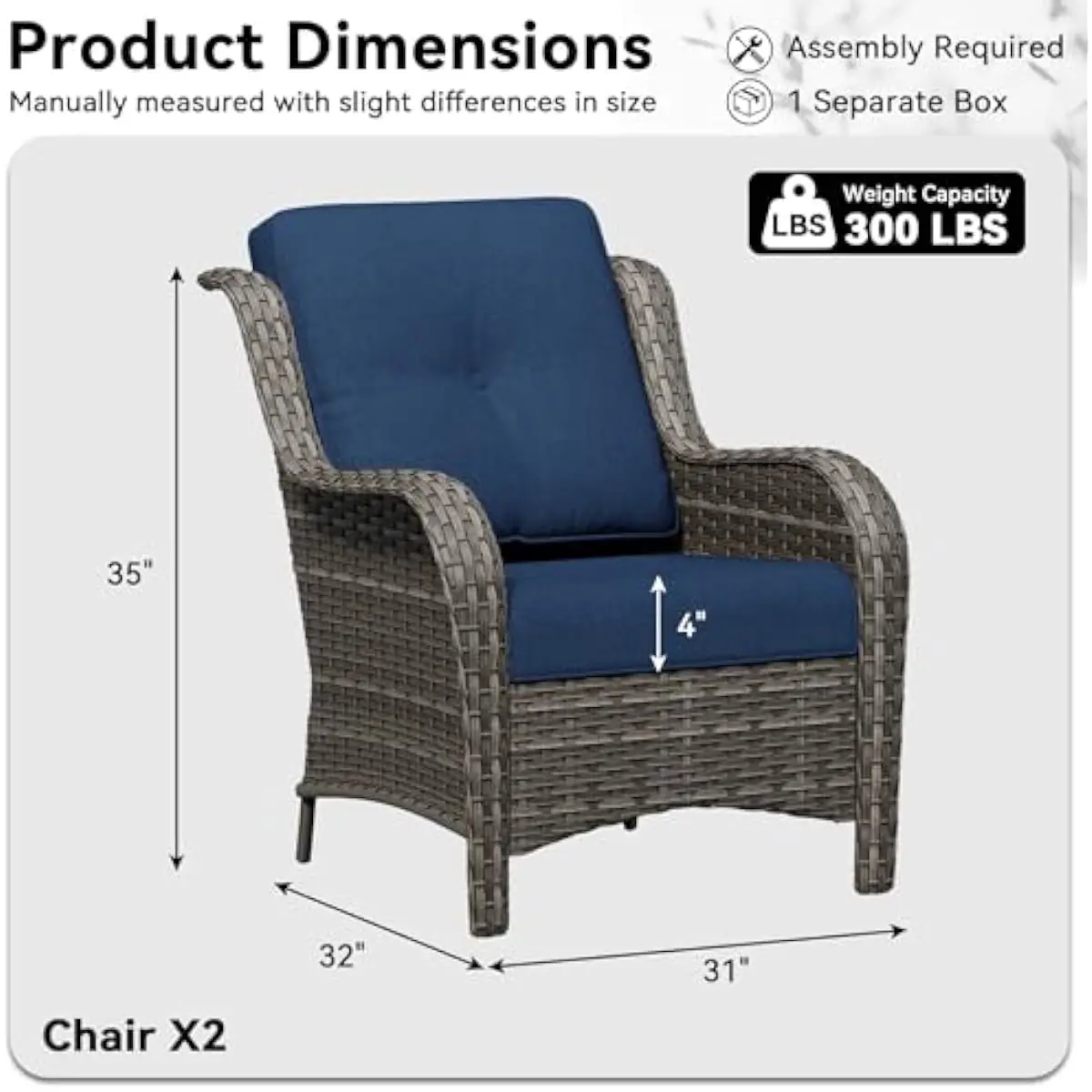 Two stylish outdoor chairs crafted from durable handwoven PE rattan with high backrests and generous deep seating comfort. Featu