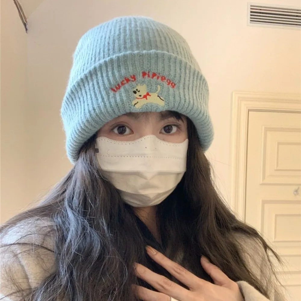 Fashion Puppy Embroidery Winter Knitted Hat Thicken Winter Warm Beanie Cap Windproof Soft Crochet Bonnet Hat