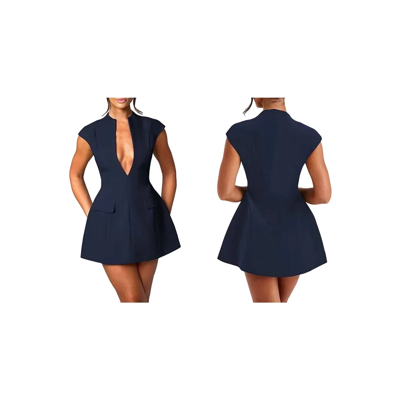 AOAO-Women's Summer Sexy- Cap Sleeve Deep V Neck Zipper A-Line Mini Dress Hollow Bodycon Night Out Party Dress