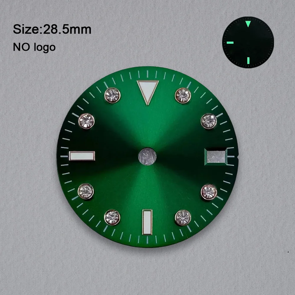28.5mm No Logo Diamond Blank Dial For NH35 Movement Green Luminous Custom Logo Watch Dials Hands Accessories Repair Tools