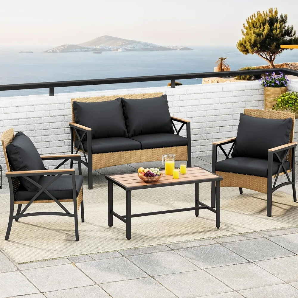 

4-Piece Patio Wicker Furniture Set with Wood Armrest, All Weather Rattan Conversation Furniture Sets for Backyard