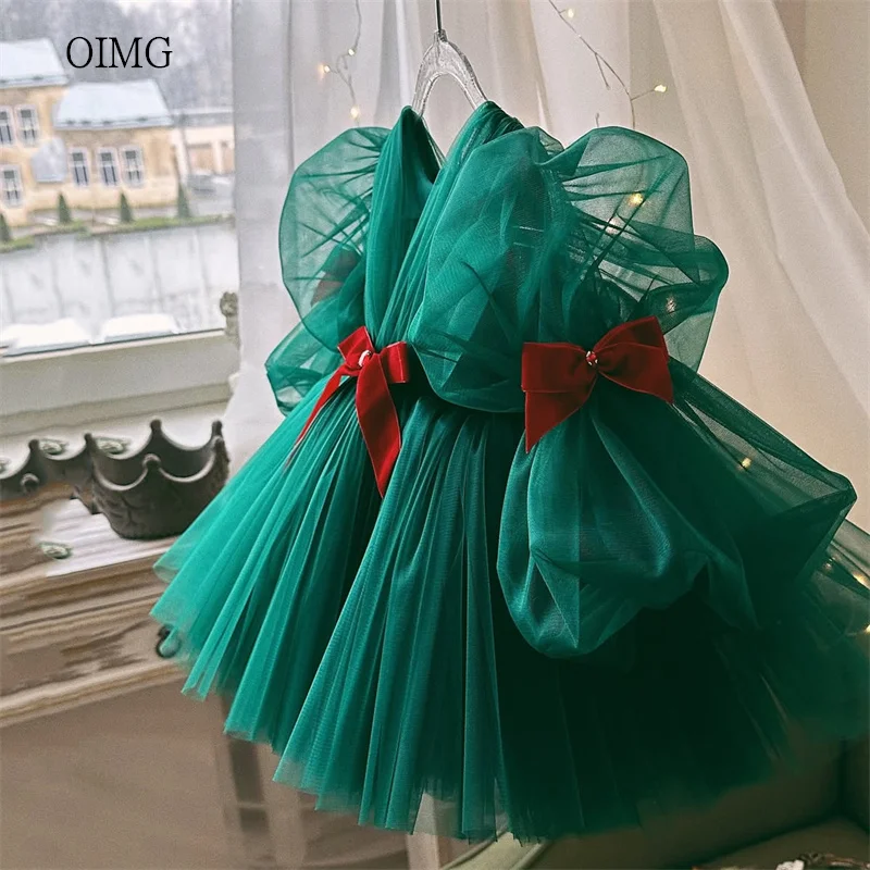 

OIMG Green Christmas A-line Flower Girl Dresses Puff Sleeves Mesh Wedding Party Gown Knee Length Birthday Dress niñas Customized