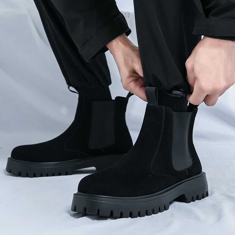 

High Quality Men Chelsea Boots Retro Ankle Boots New Fashion Black Brown Comfortable Fashion British Style Thick-soled Heighteni