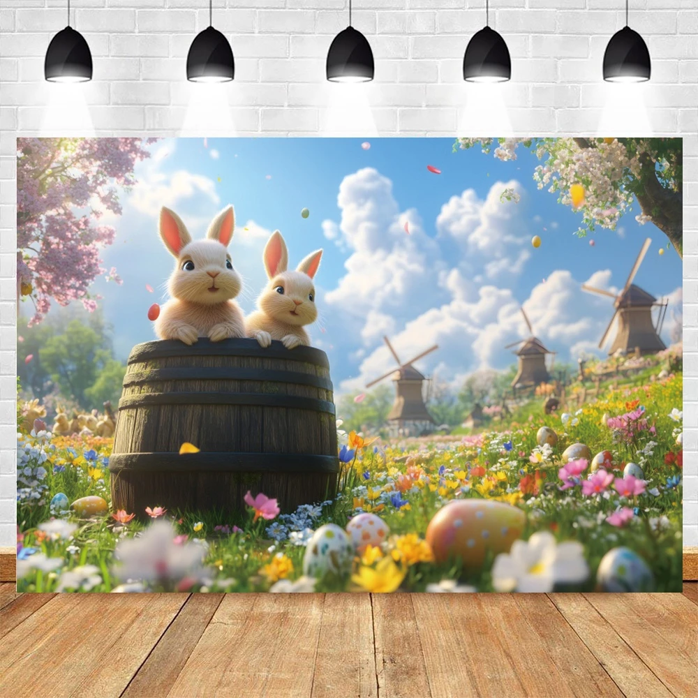 

Happy Easter Backdrop Spring Natural Scenery Garden Rabbit Eggs Bunny Easter Adult Kids Portrait Photography Background Decor