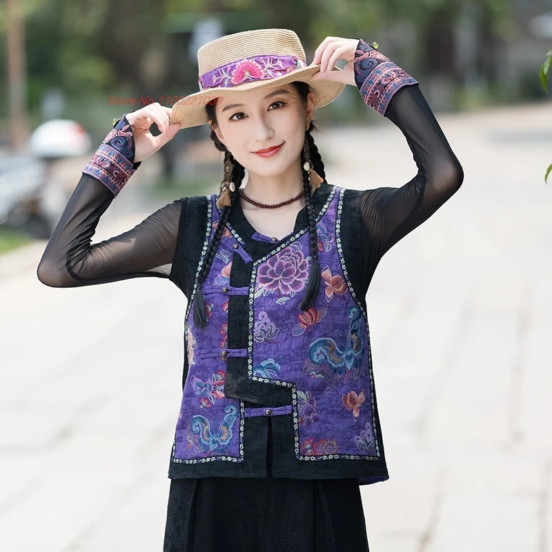 

2025 national flower embroidery cotton linen jacquard vest vintage hanfu tops oriental o-neck folk vest retro sleeveless jacket