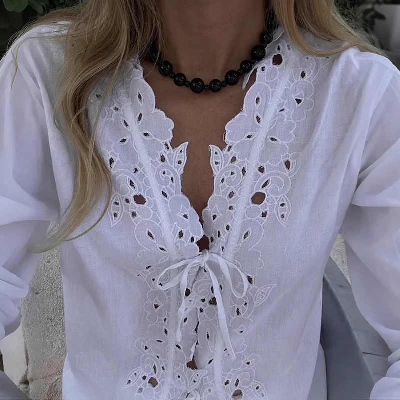 

Women Hollow Out Embroidery Shirt Lace-up V-Neck Flare Sleeve Casual Loose Blouse