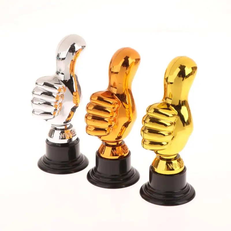 1 Piece Mini Victory Trophies Award Prizes Thumbs Up Trophy Plastic Gold Trophies Encouragement For Home Desktop Decor
