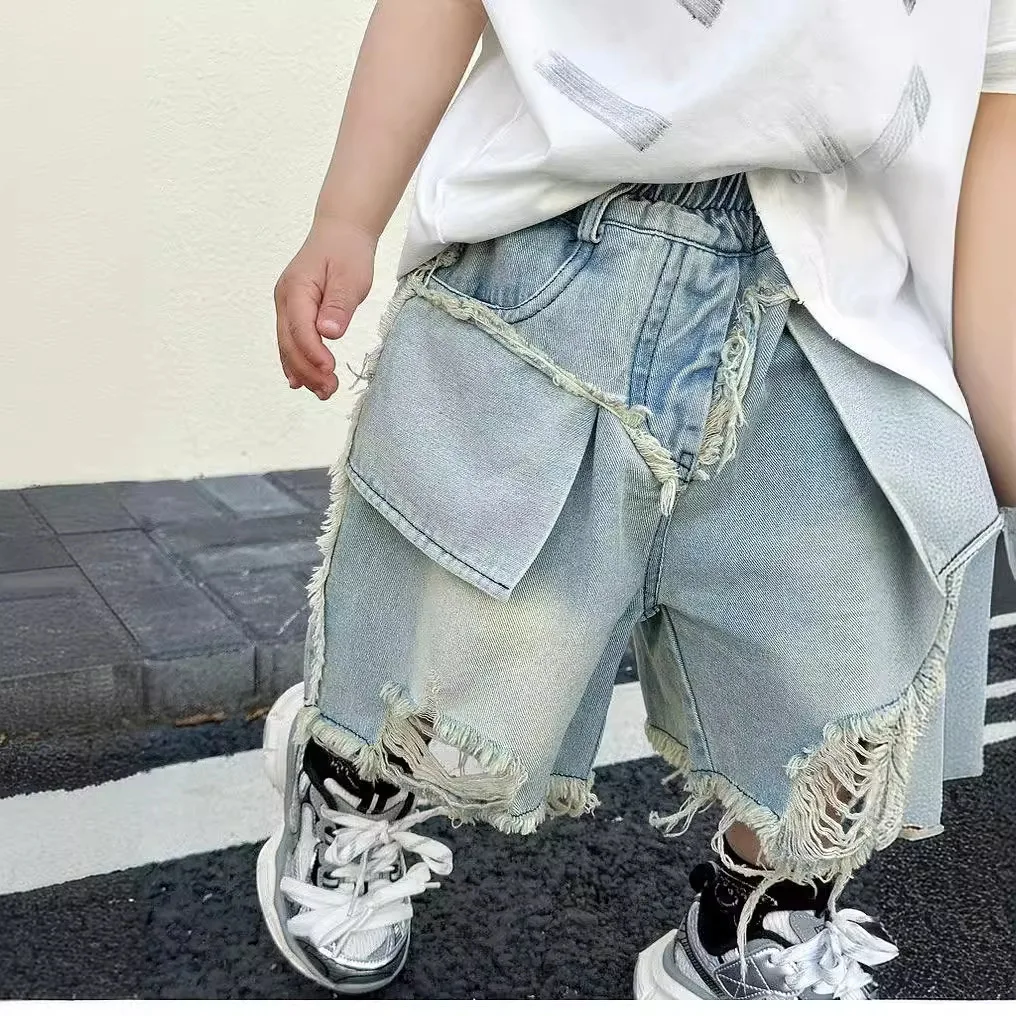 Boys Summer Denim Shorts Korean Style Children's ripped Hole Jeans Trendy Loose Rough edge Knee-Length Pants for Kids