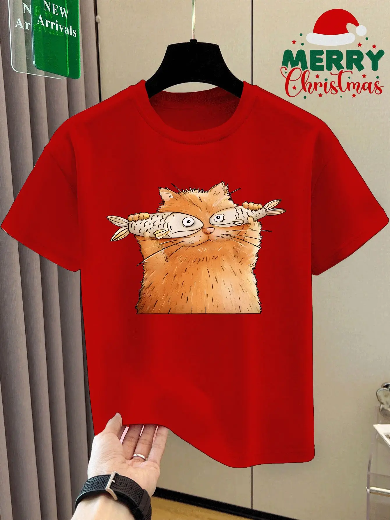 Children's T-shirt Cute Orange Cat Holding Fish Wearing Glasses Pattern Printed Children's Clothing Casual Parent-child Clothing
