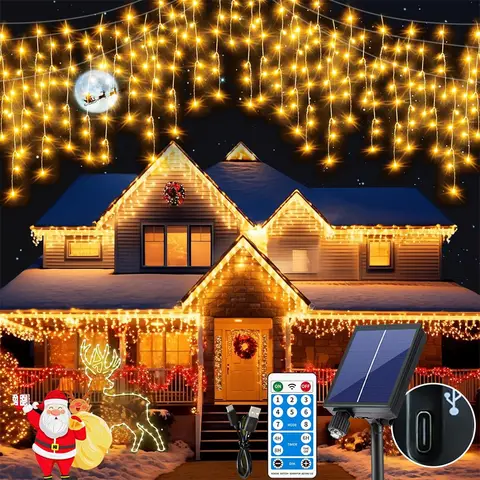 태양 크리스마스 고드름 조명 야외 방수 10m 거리 갈 랜드 원격 8 모드 문자열 조명 집 장식