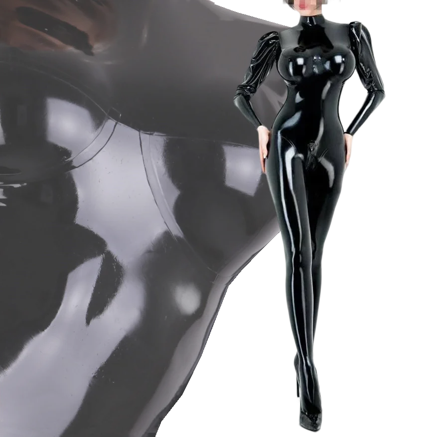 Sexy Latex Women Men Gummi Catsuit 3D Chest Rubber Coverall Bodysuit with Puff Sleeves Handmade Jumpsuit Clothing S-LC371