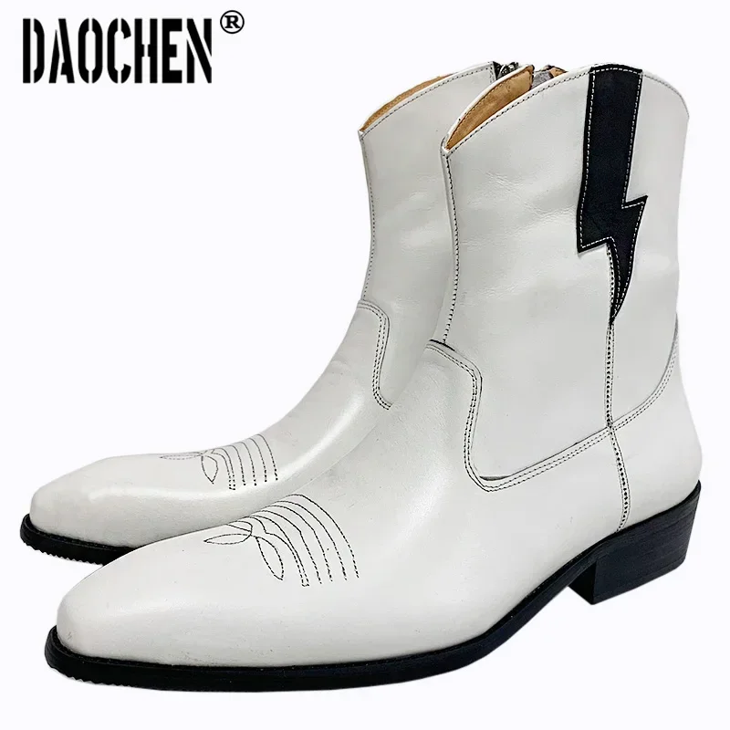 Luxury Brand Men Ankle Boots Zipper Chelsea Boots Shoes Lightning White Casual Mens Dress Shoes Real Leather Men\'s Boots