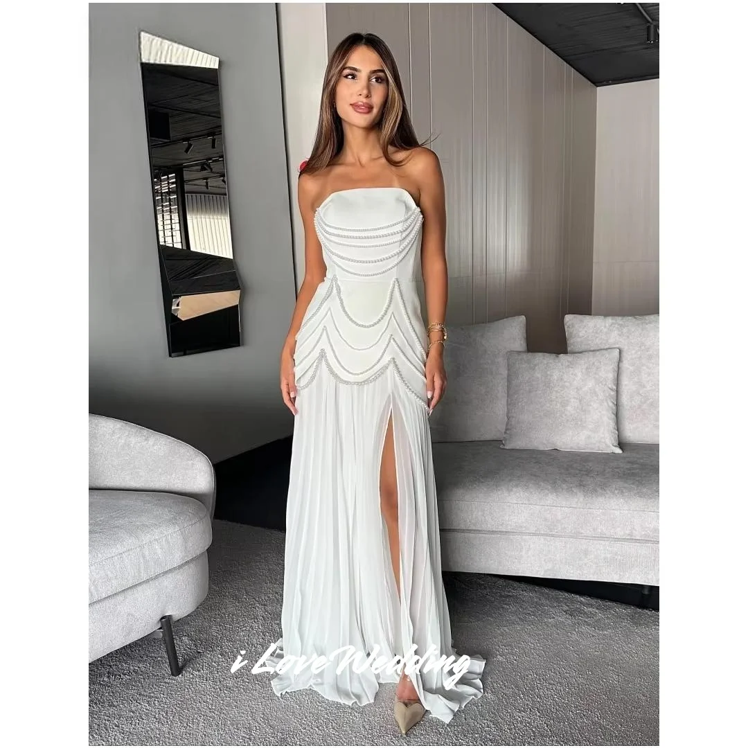 

White Pearl Strapless Berded Evening Dresses Side Split A-Line Sleeveless Floor-Length Pleated فساتين سهرة Customized