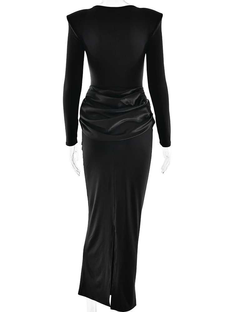 FDYOUI Abito da cocktail lungo da donna con scollo a O e maniche lunghe increspato Abito da sera aderente a vita alta da donna Abito elegante