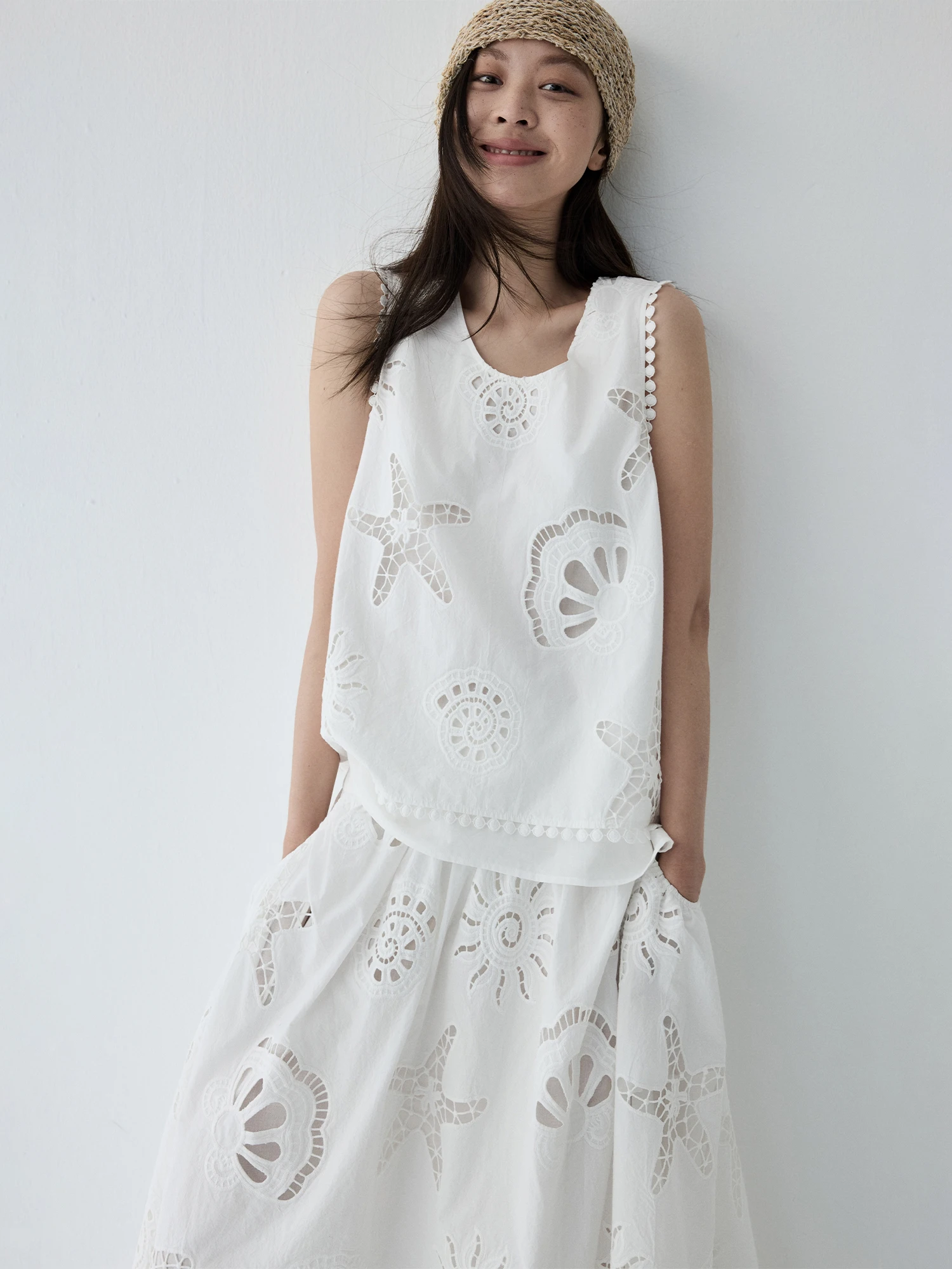 

Haverice White Embroidery Heavy Work Hollow out A-Line Vest And Skirt Women's Fashion Summer Outfit Two-Piece Set