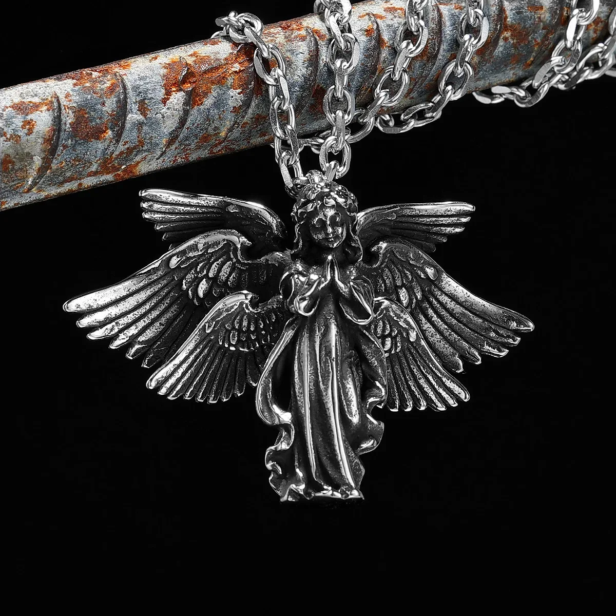 

Praying Angels Wings Necklace 316L Stainless Steel Pendants Men Women Chain Peace Bless Amulet Jewelry Retro Xmas Gift for Male