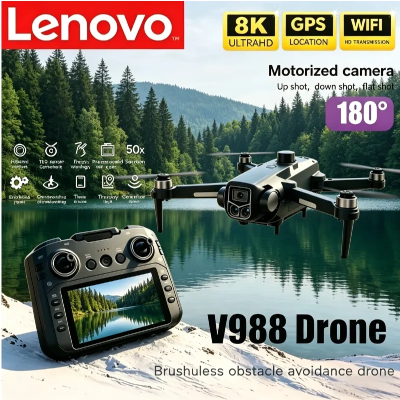 

Профессиональный радиоуправляемый дрон Lenovo V988 с двумя 8K HD камерами, 5G WiFi FPV, большим экраном и складным пультом управления