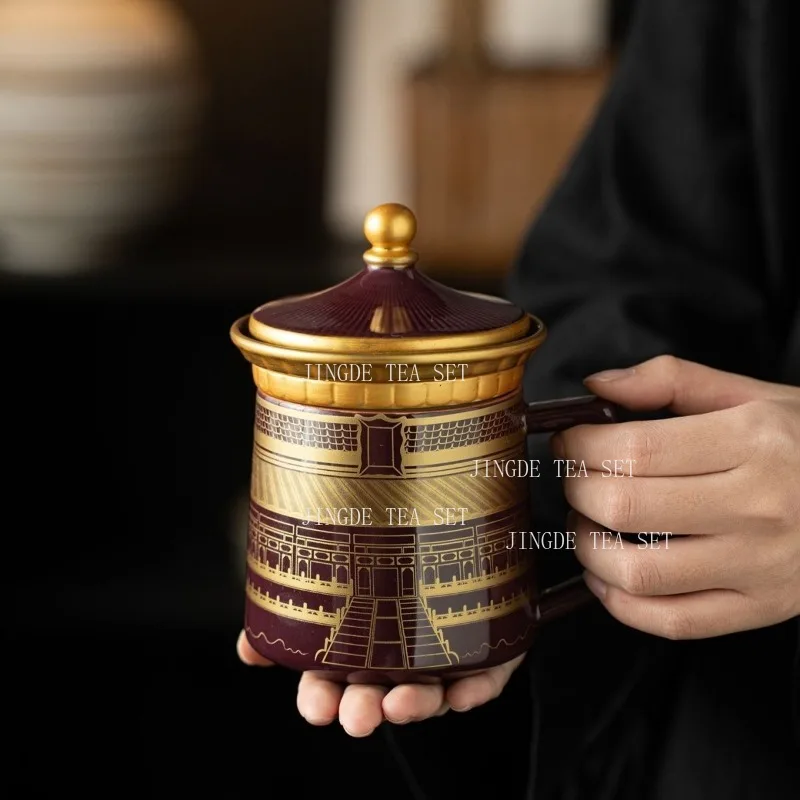 Chinese Style Ceramic Mug Gold Painted Ancient Building Pattern Office Tea Cup with Lid Infuser Tea Water Separation Drinkware