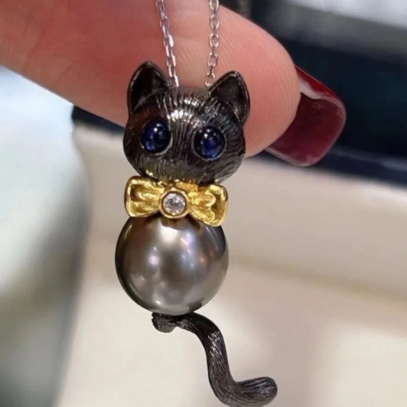 

SGARIT New Original Design S925 Silver Necklace Black cat Pendant Tahiti Black Pearl 9-10mm for Men and Women Jewelry SN02