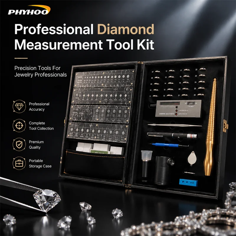 PHYHOO Professional Diamond Measurement Tool Kit Complete Gemology Testing Set With Tester Loupe Mandrel Portable Leather Case