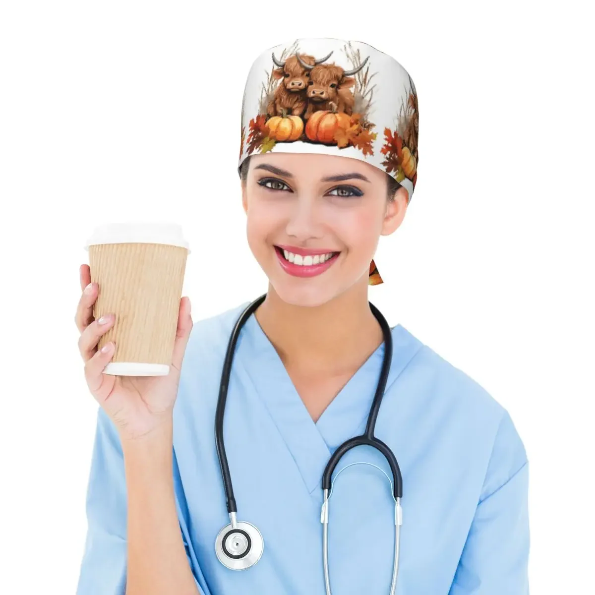 Highland Cow Calf Autumn Leaves (6) Scrub Hat Doctor Working Surgical Cap Men Women Adjustable Nursing Caps for Dentist - view 5