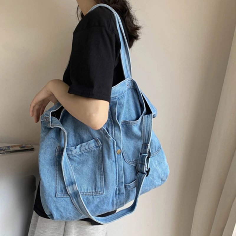 Dżinsowa torby z bawełny dla kobiet i mężczyzna o dużej pojemności torebki designerskie Unisex niebieska w stylu Casual ramię na zakupy jeansy w stylu japońskim Y2K