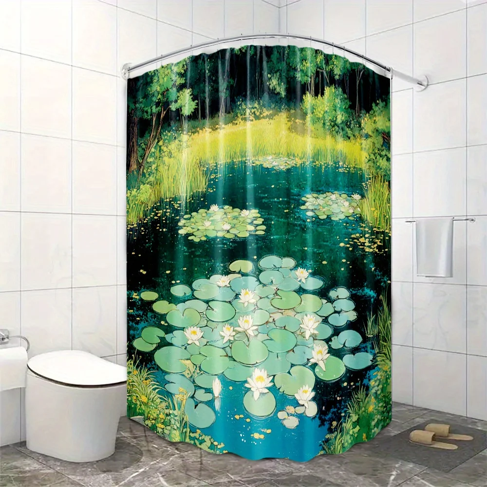 

1pc Natural Lily Pad Shower Curtain - Serene Water Landscape Design with Lush Greenery & Blooming Flowers, Durable Polyester Fab