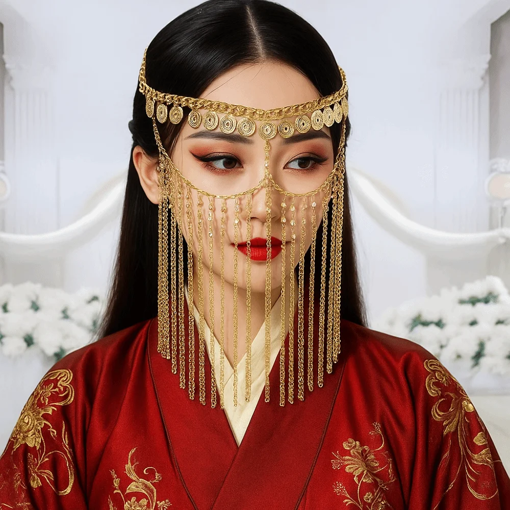 Fashion Coin Bell Belly Dance Face Veil Gold Rhinestone Curtain Head Chain Cosplay Headband Ethnic Style Masquerade Mask Women