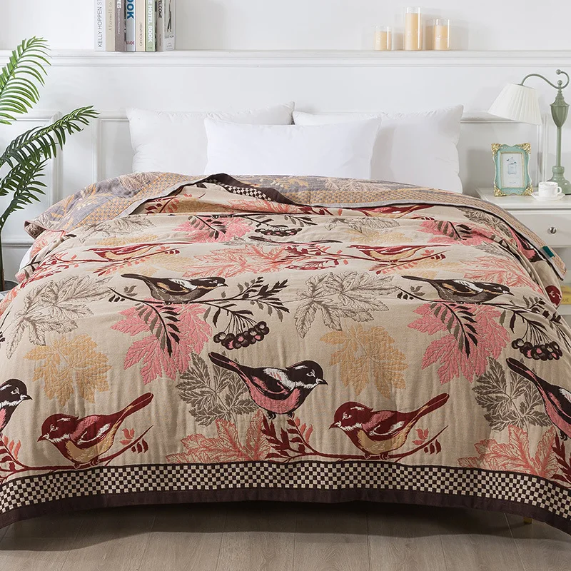 Reversible Pink Birds Washed Cotton Bedspread