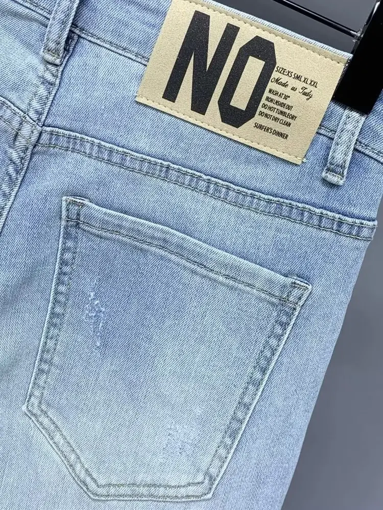 

Джинсы Slim Fit с девятью зубцами, мужские летние тонкие корейские универсальные светло-голубые эластичные брюки на небольшую ногу, хлопковая эластичная джинсовая ткань