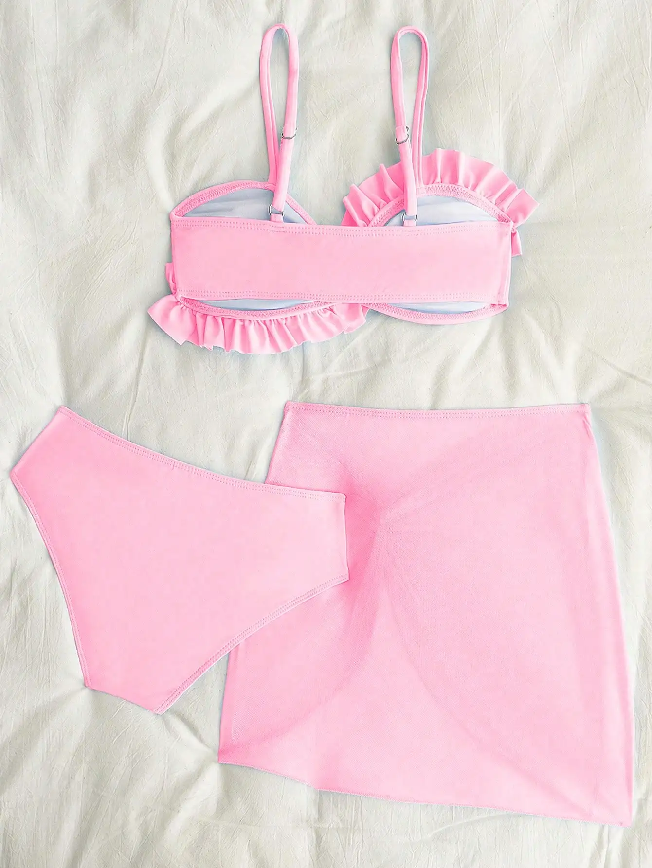 

Solid Pink Ruffle-Trimmed Bandeau Top And Matching Mini Skirt Swim Set For Tween Girls