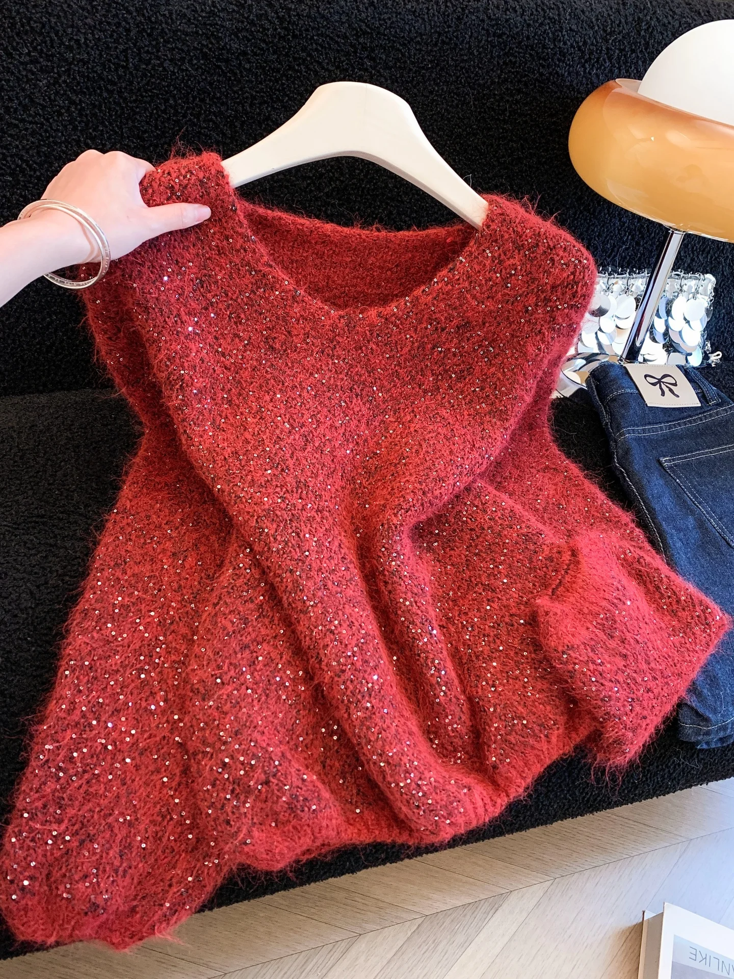 

Вязаный свитер женский в стиле ретро с длинными рукавами, мягкий и уютный, осенне-зимний, фиолетовый, крупной вязки, с V-образным вырезом, пуловер