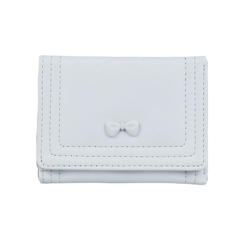 New Bowknot Short Wallet PU Leather Large Capacity Coin Purse Solid Color Mini ID Card Holder for Women