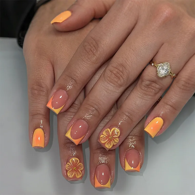 

24Pcs Mid-length Square Head Fake Nail Orange Yellow French Design Press on False Nails 3D Flower Reusable Full Cover Nails Tips