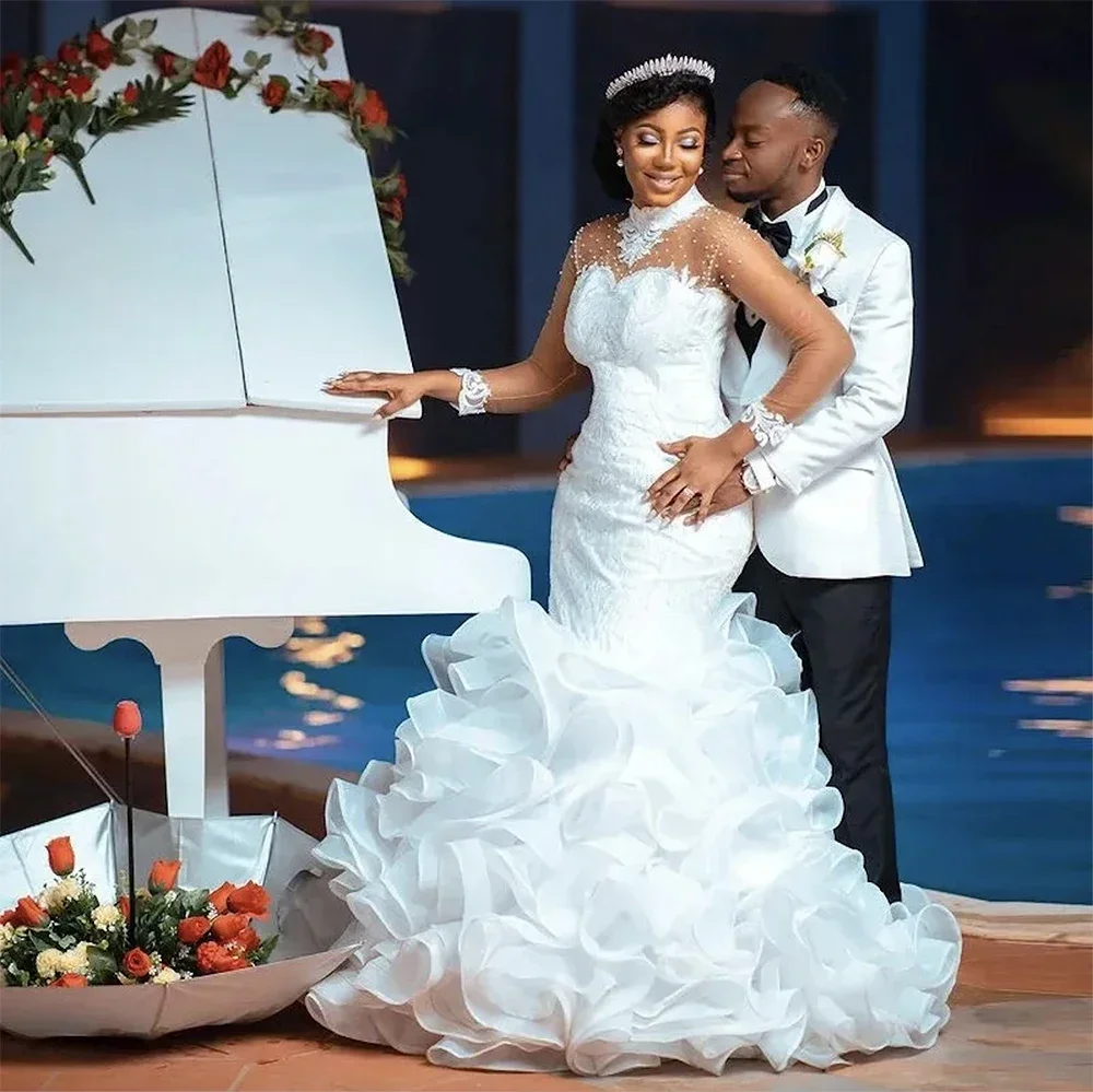 Customized Ruffles Tiered Mermaid Wedding Dresses High Neck Sheer Long Sleeves Bridal Gowns Pearls Beaded Luxury White N