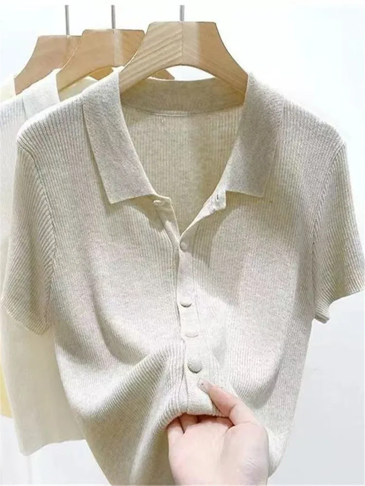 Slim Fit  Neck Short Sleeve Knitted Open Cardigan Women's Summer Thin Design Sense Top Korean Style Regular Length