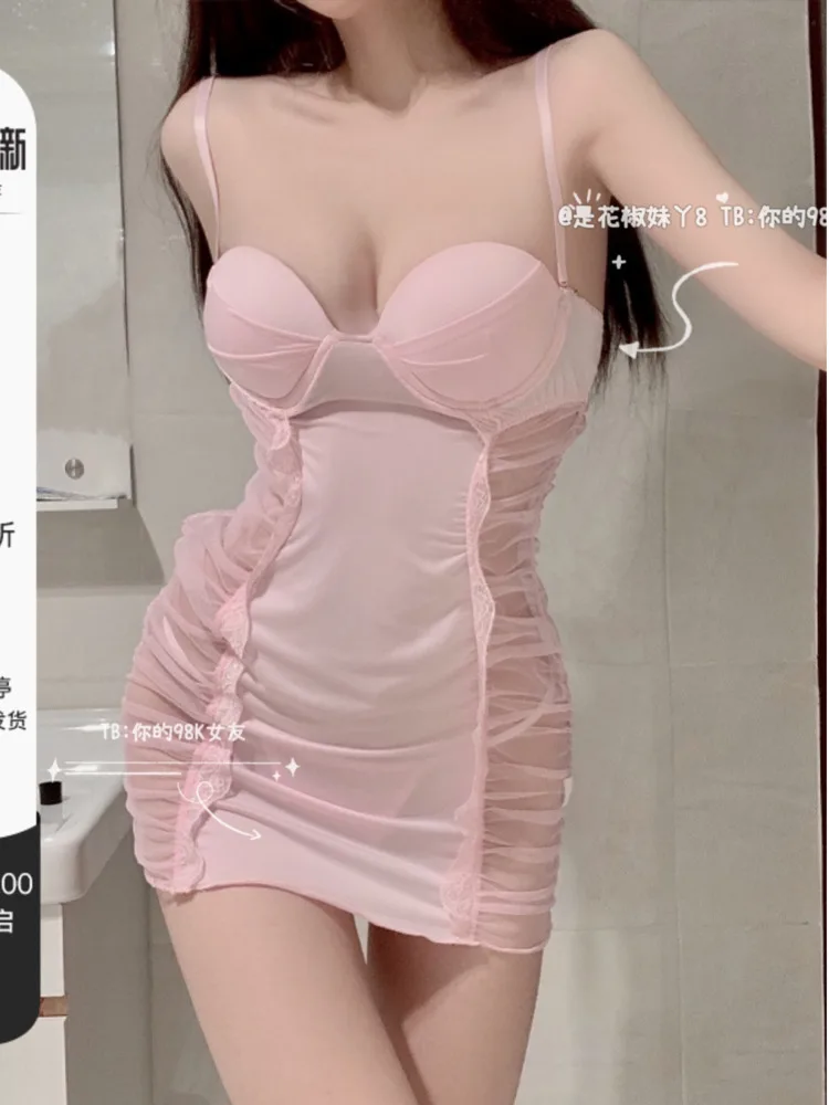 WOMENGAGA Pink Sexy Hot Mesh Lace Transparent Slip Dress Elegant Tank Mini 2022 V Neck Sweet Korean Tops Fairy Clothes OL ZEO6