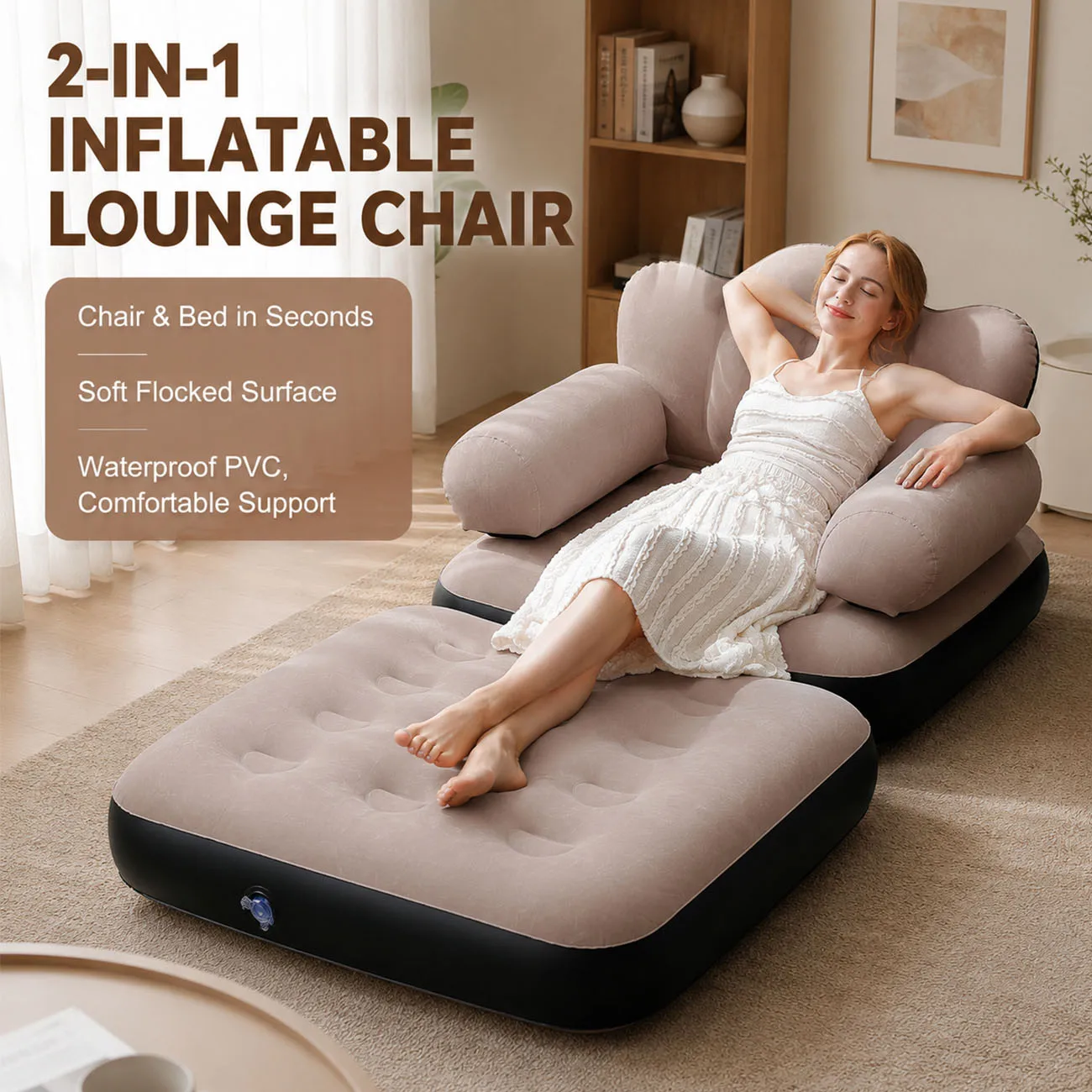 1PC Queen Size Inflatable Sofa Bed with Headboard, Convertible Blow Up Couch, 2-in-1 Black Air Sofa Bed for Home, Camping
